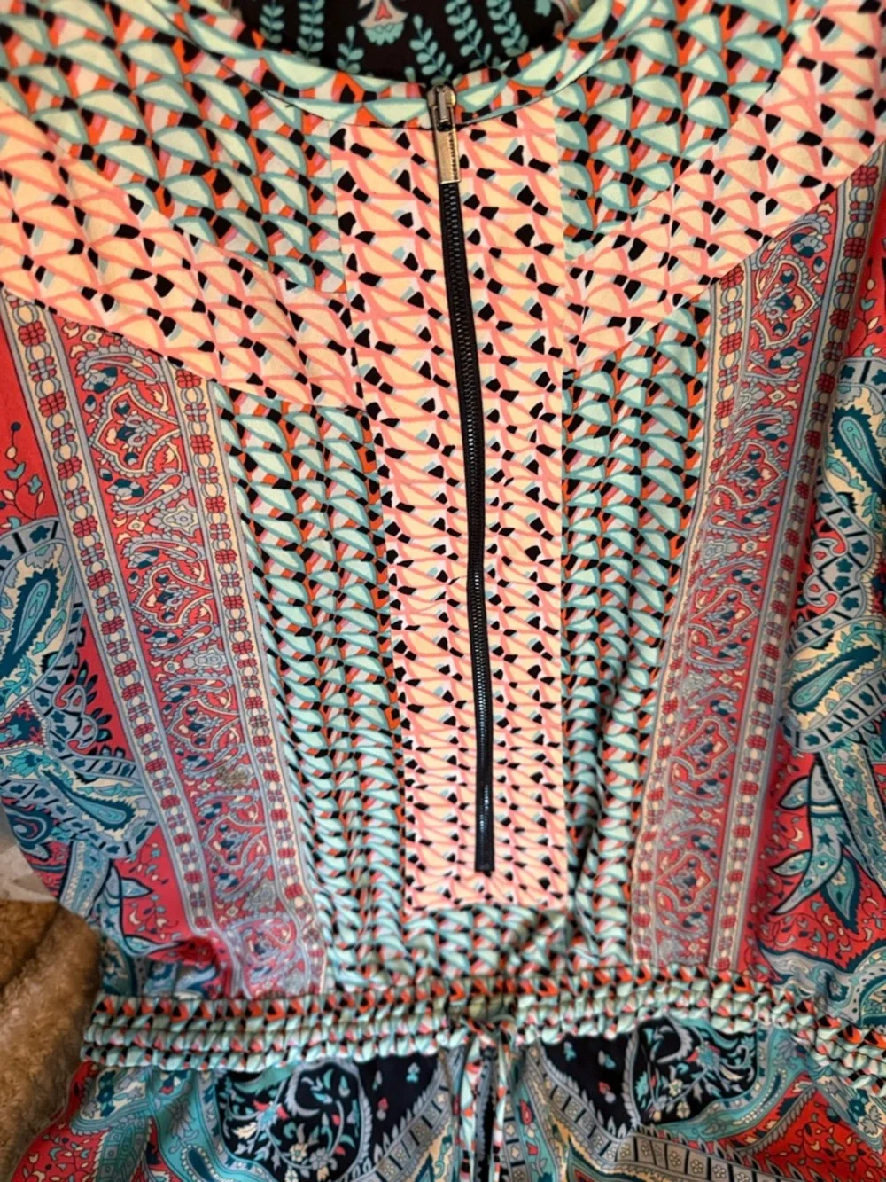 BCBG Max Azria Paisley Printed Romper in Turquoise, Coral & black - Picture 5 of 5